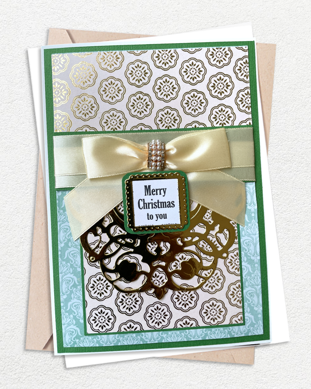 Elegant Pearl & Satin Ribbon Christmas Card