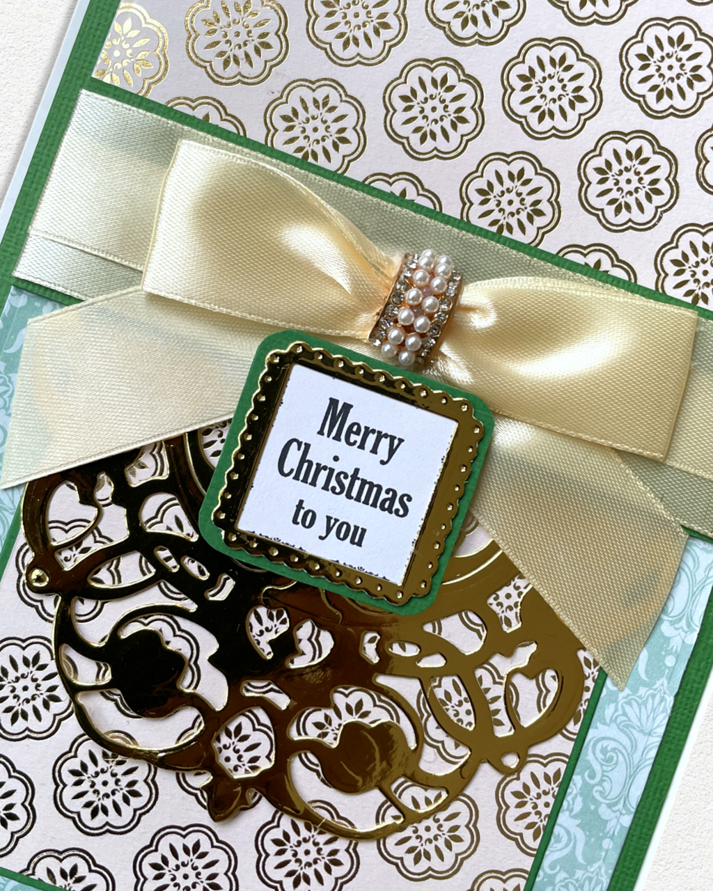 Elegant Pearl & Satin Ribbon Christmas Card